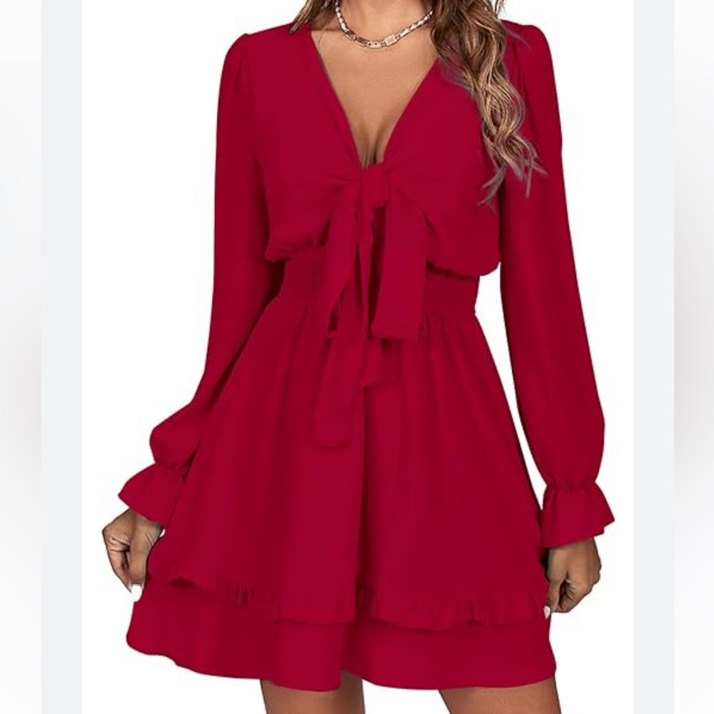 Womens  Ruffled Layered Chiffon Dress front Tie Swing Mini Dresses NWOT sz LARGE